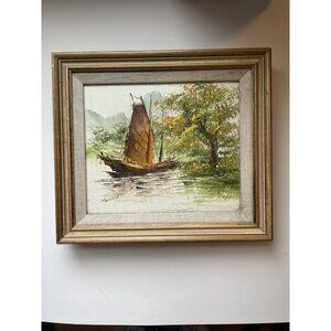 Vintage Oil on Board – Chinese Fishing Boat Scene, Framed, Signed, Classic